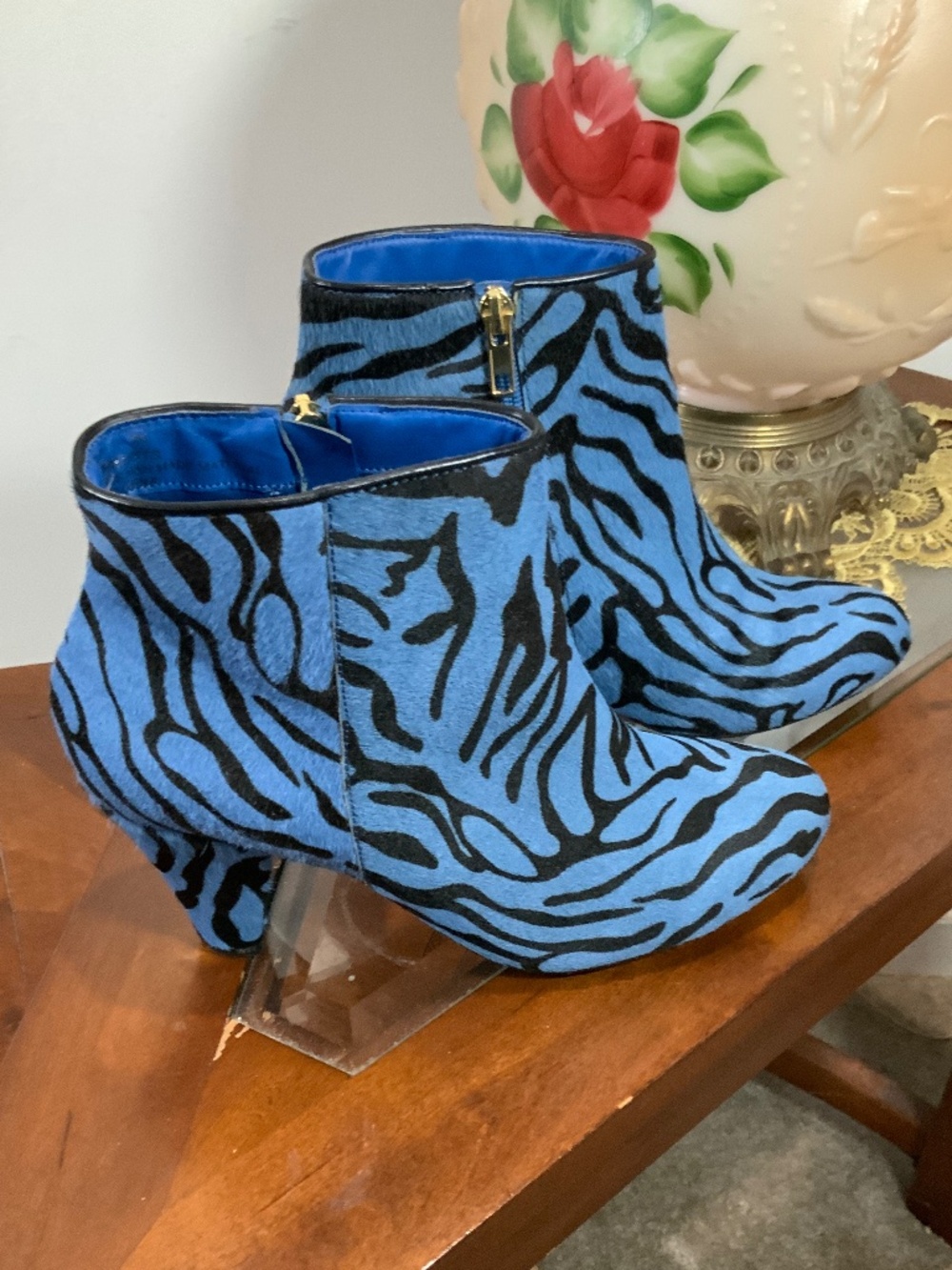 Blue Zebra Genuine Leather Ankle Boots 8 Y2K Funky Animal Print Booties Theme - Picture 9 of 9